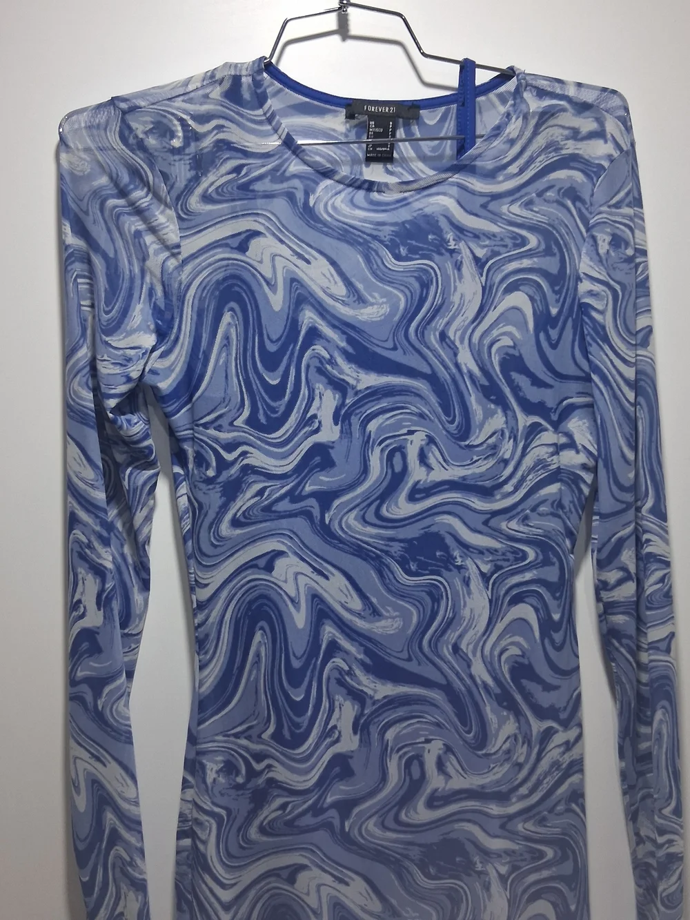 Forever 21 Blue and White Swirl Long Sleeve Mesh Bodycon Dress Small